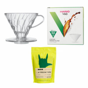 Zestaw: Dripper Hario V60-02 przezroczysty + Filtry Hario V60-02 + Kawa HAYB Się przelewa Tropik 250g