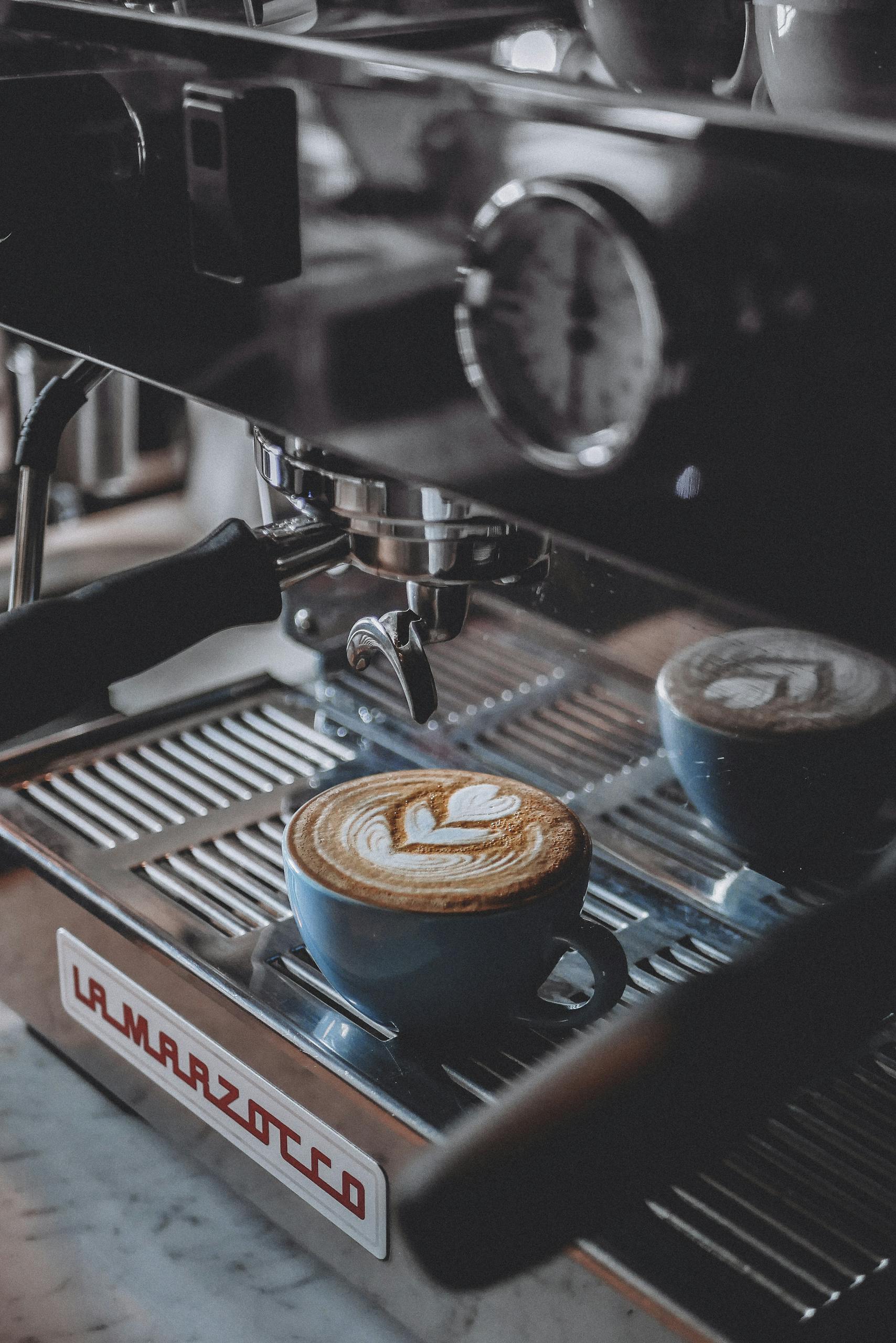 Delicious cappuccino with latte art served on a professional espresso machine in a coffee shop.